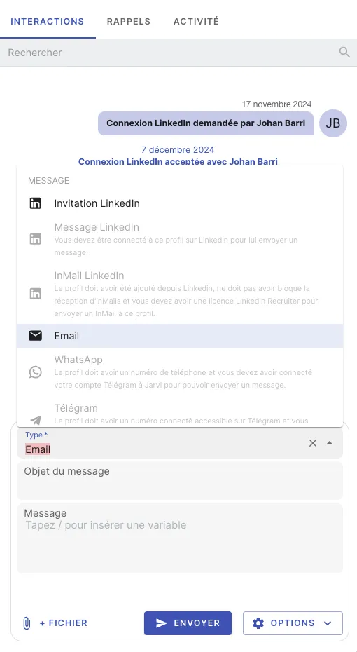 Exemple d'envoi de message LinkedIn à un candidat depuis Jarvi