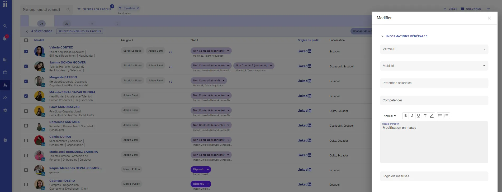 Modifier une information sur plusieurs profils sélectionnés simultanément dans Jarvi
