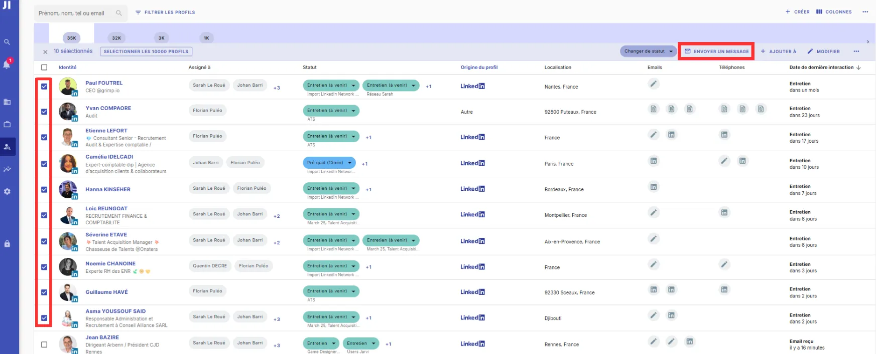 Sélectionner les profils à contacter et cliquer sur Envoyer un message dans Jarvi