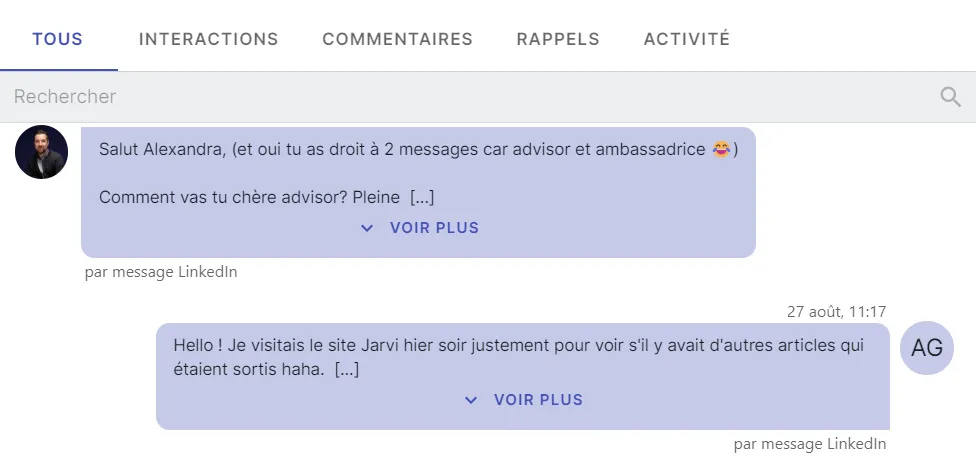 Historial completo de intercambios con un candidato en Jarvi