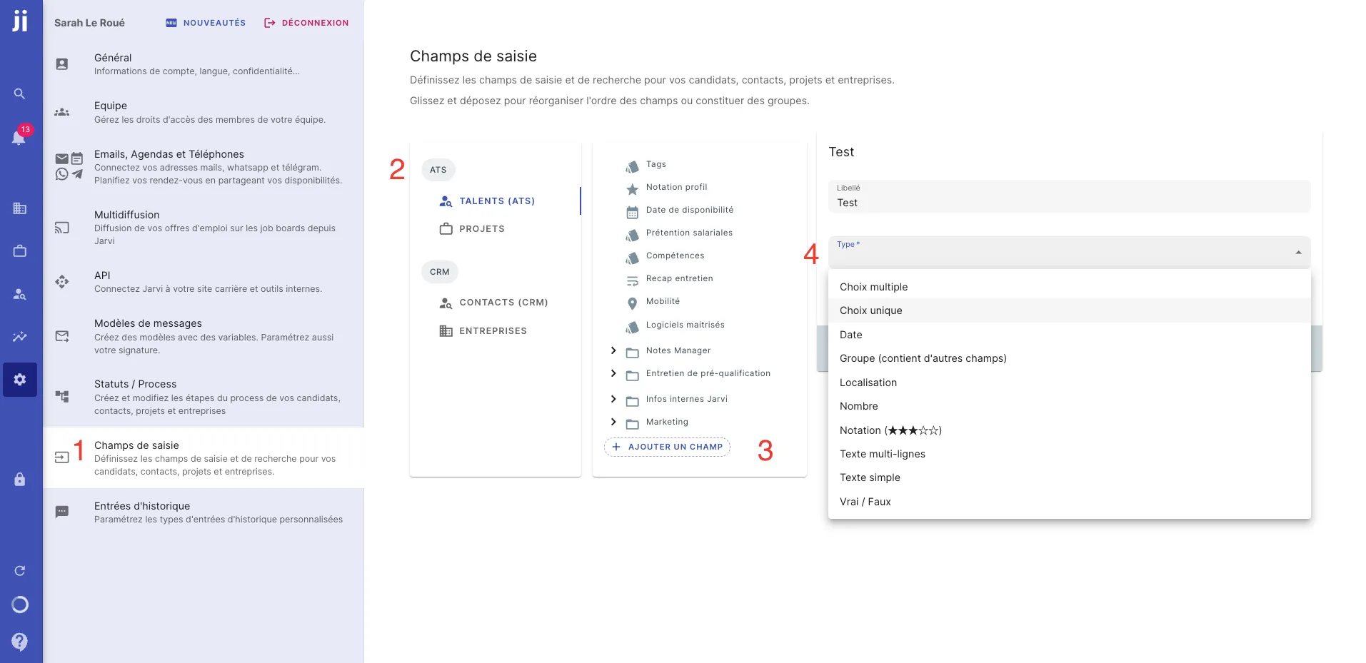 Déplacer un champ comme Notation profil dans la section souhaitée d'une fiche Jarvi