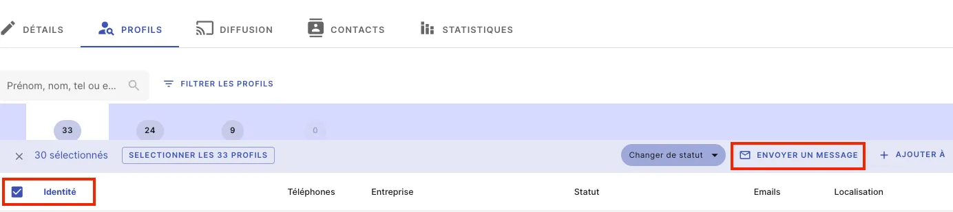 Sélectionner plusieurs profils à contacter depuis la liste dans Jarvi
