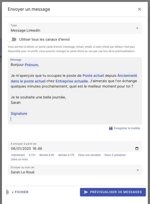 Configurer l’envoi d’un message en masse avec choix du canal et contenu dans Jarvi