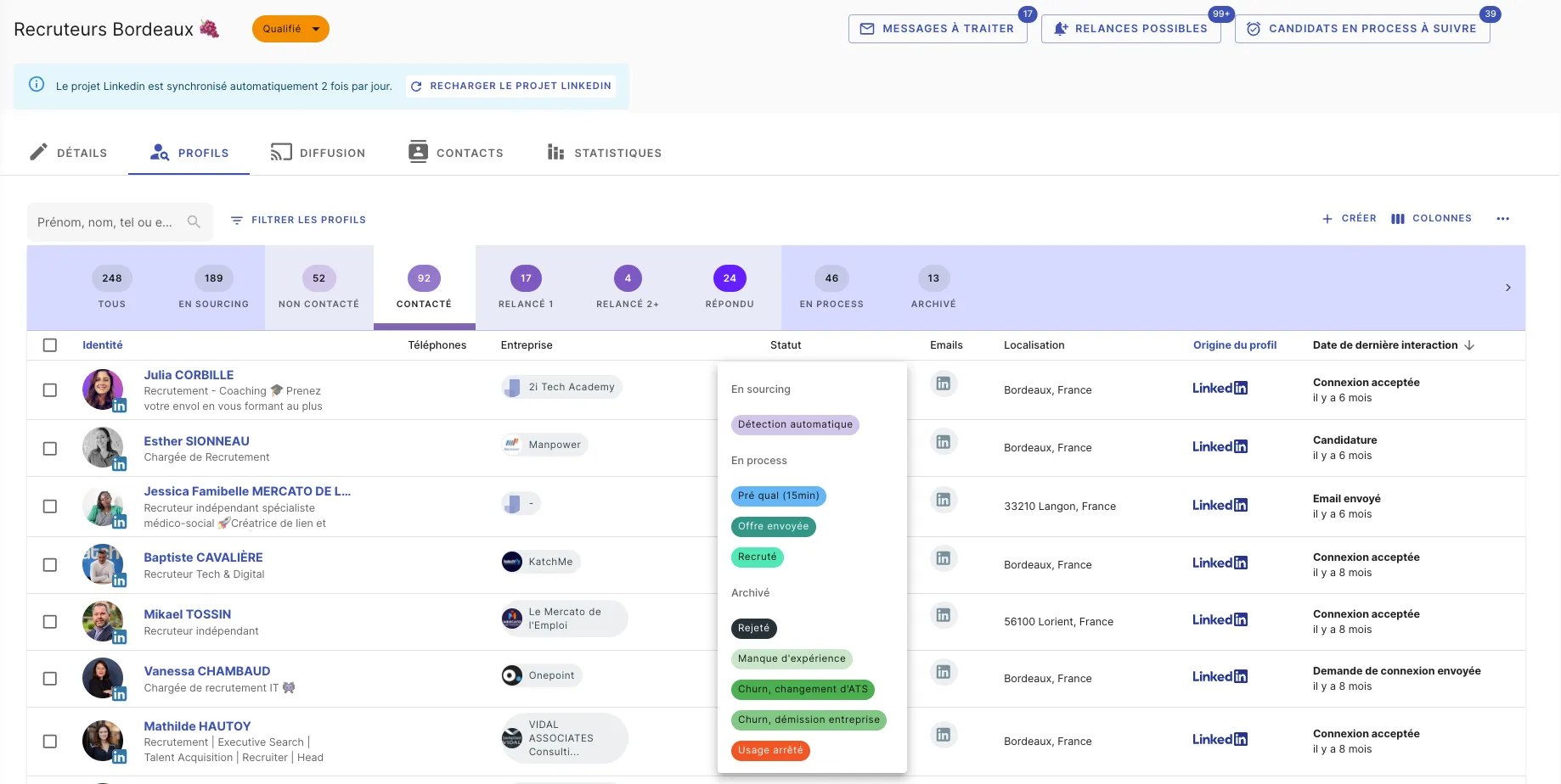 Changer le statut d’un profil depuis la liste des profils dans Jarvi
