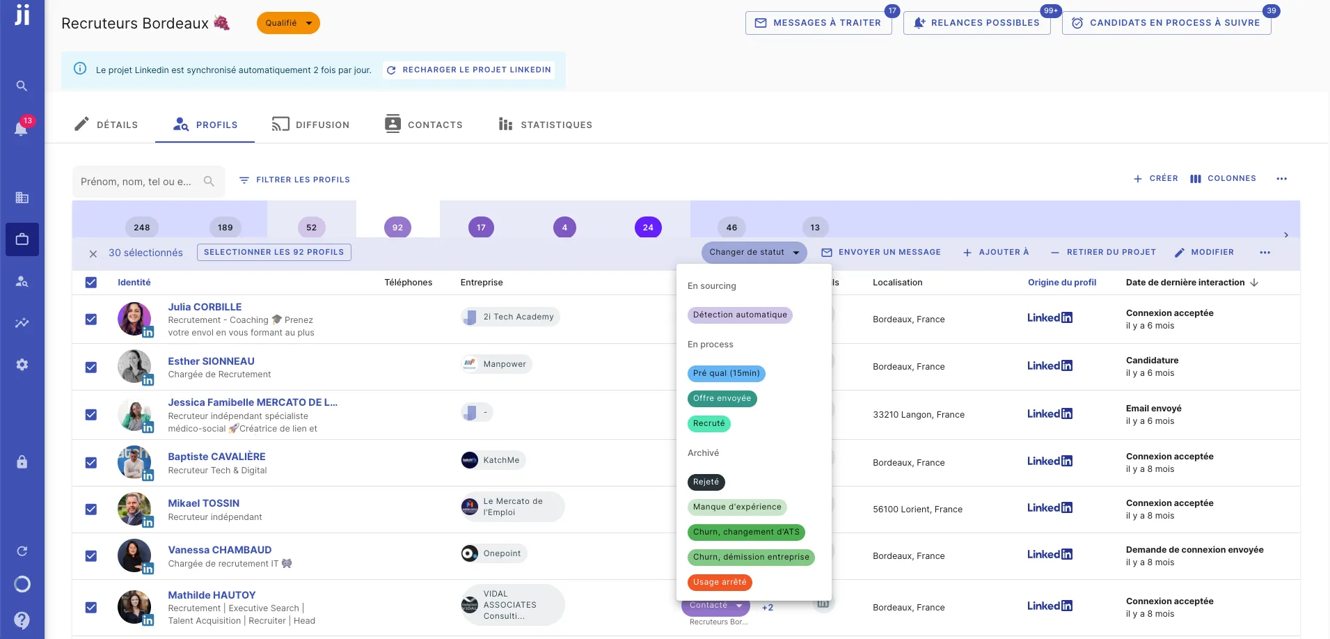 Changer le statut de plusieurs profils en même temps dans Jarvi