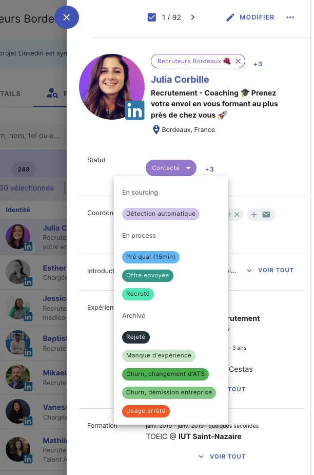 Modifier le statut d’un candidat depuis sa fiche profil Jarvi