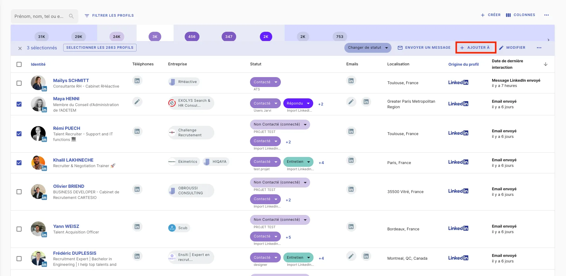 selection de profils jarvi pour ajout projet