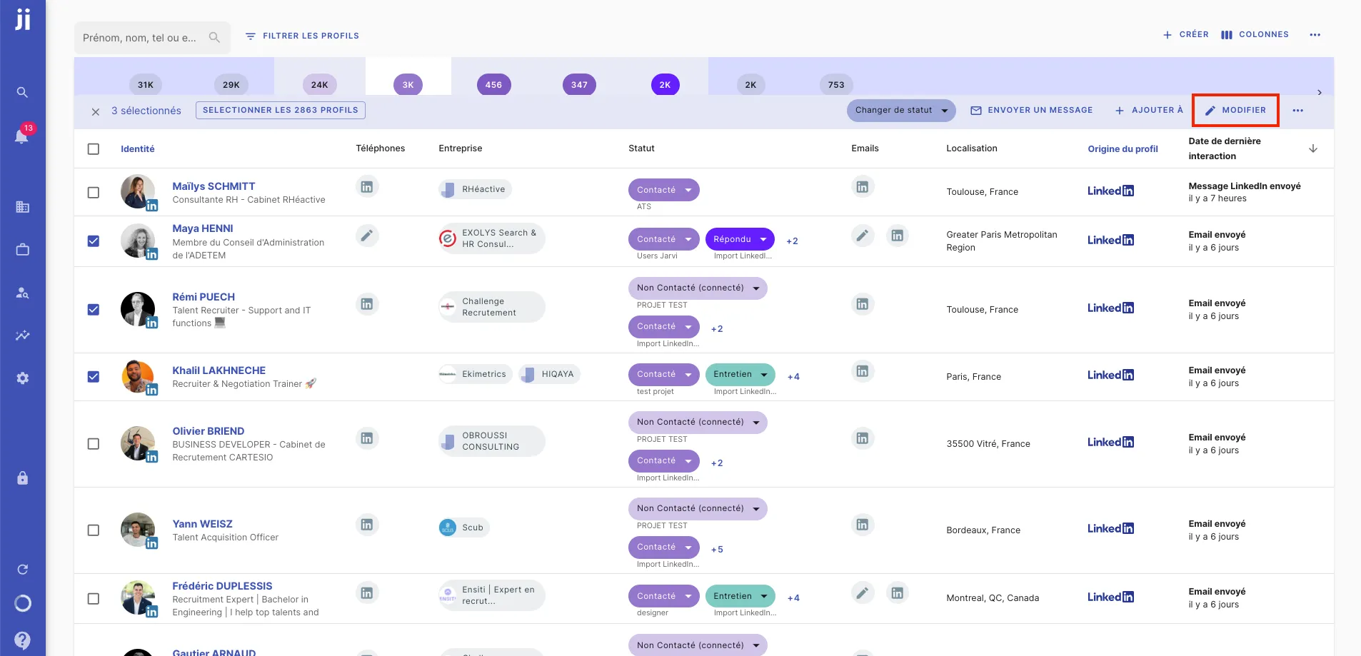 Sélectionner plusieurs profils à modifier dans la liste des profils Jarvi