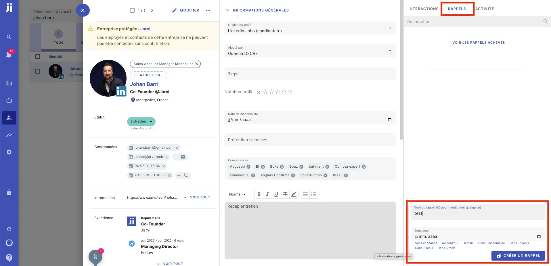 Créer un rappel depuis la fiche profil d’un candidat dans Jarvi