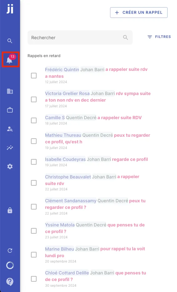 Consulter et gérer ses rappels depuis le menu principal dans Jarvi