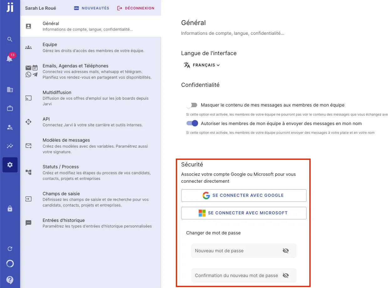 Associer son compte Google ou Microsoft à Jarvi depuis les préférences générales