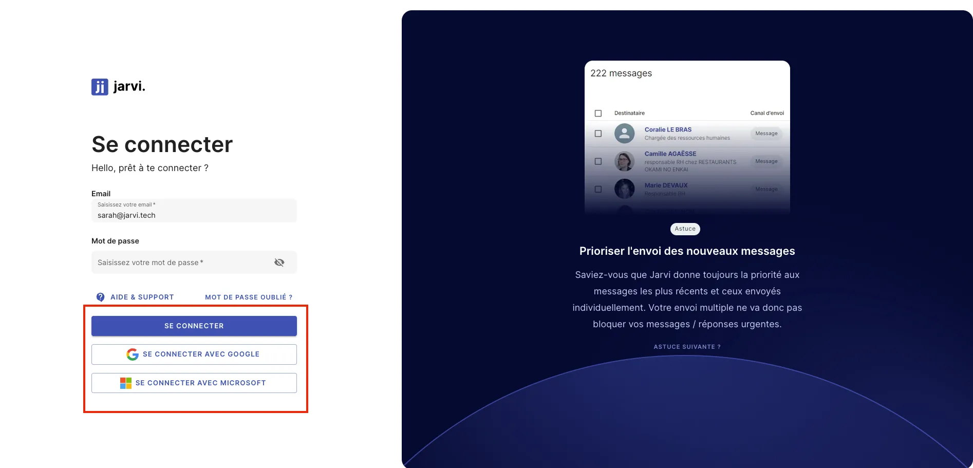 Se connecter à Jarvi sans mot de passe en sélectionnant Google ou Microsoft comme méthode