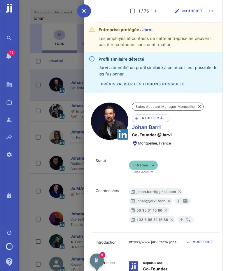 Bandeau de détection automatique de doublon sur un profil dans Jarvi