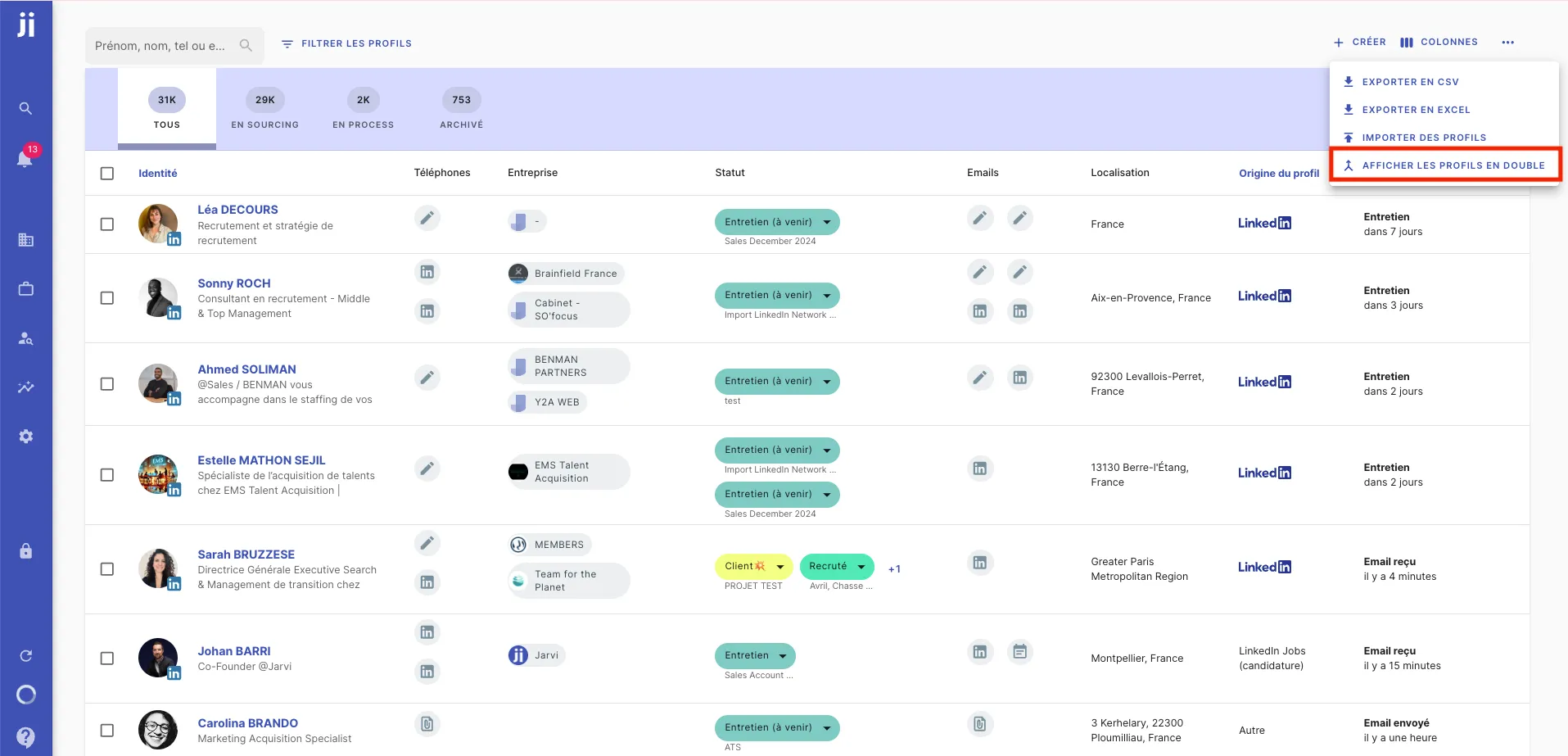 Afficher les profils en double depuis le vivier dans Jarvi