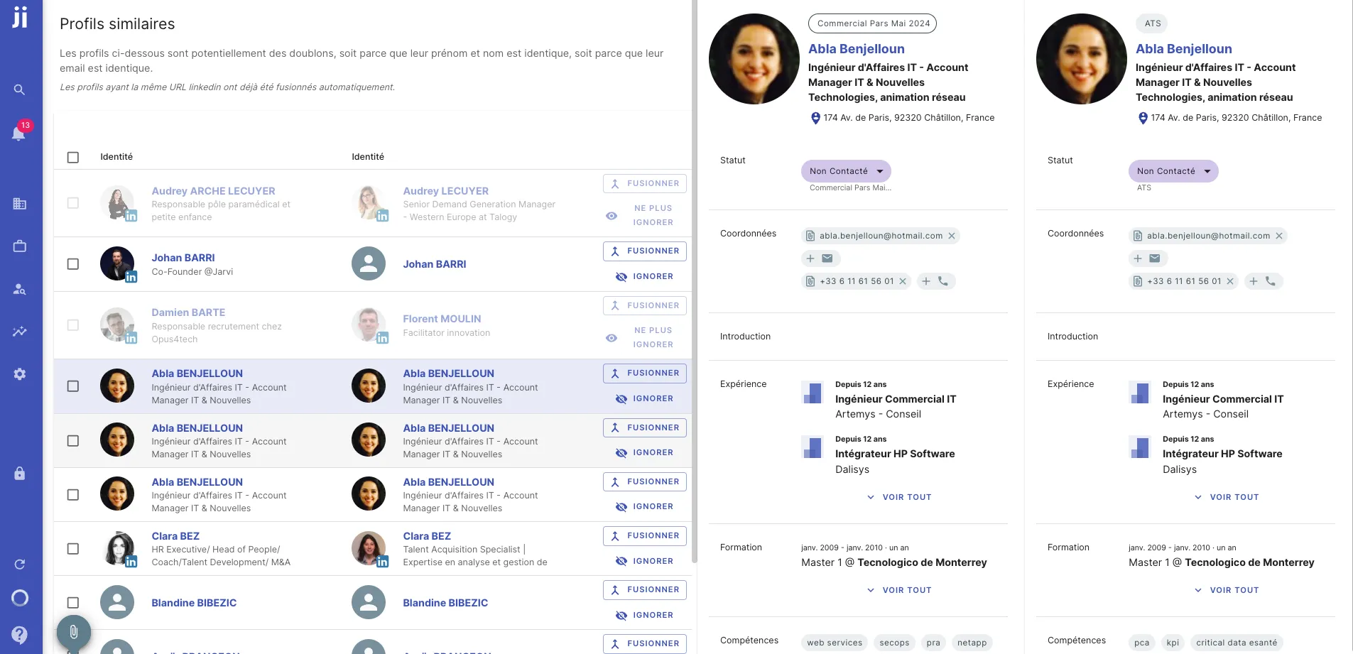 Gérer les doublons de profils en fusionnant ou en ignorant dans Jarvi