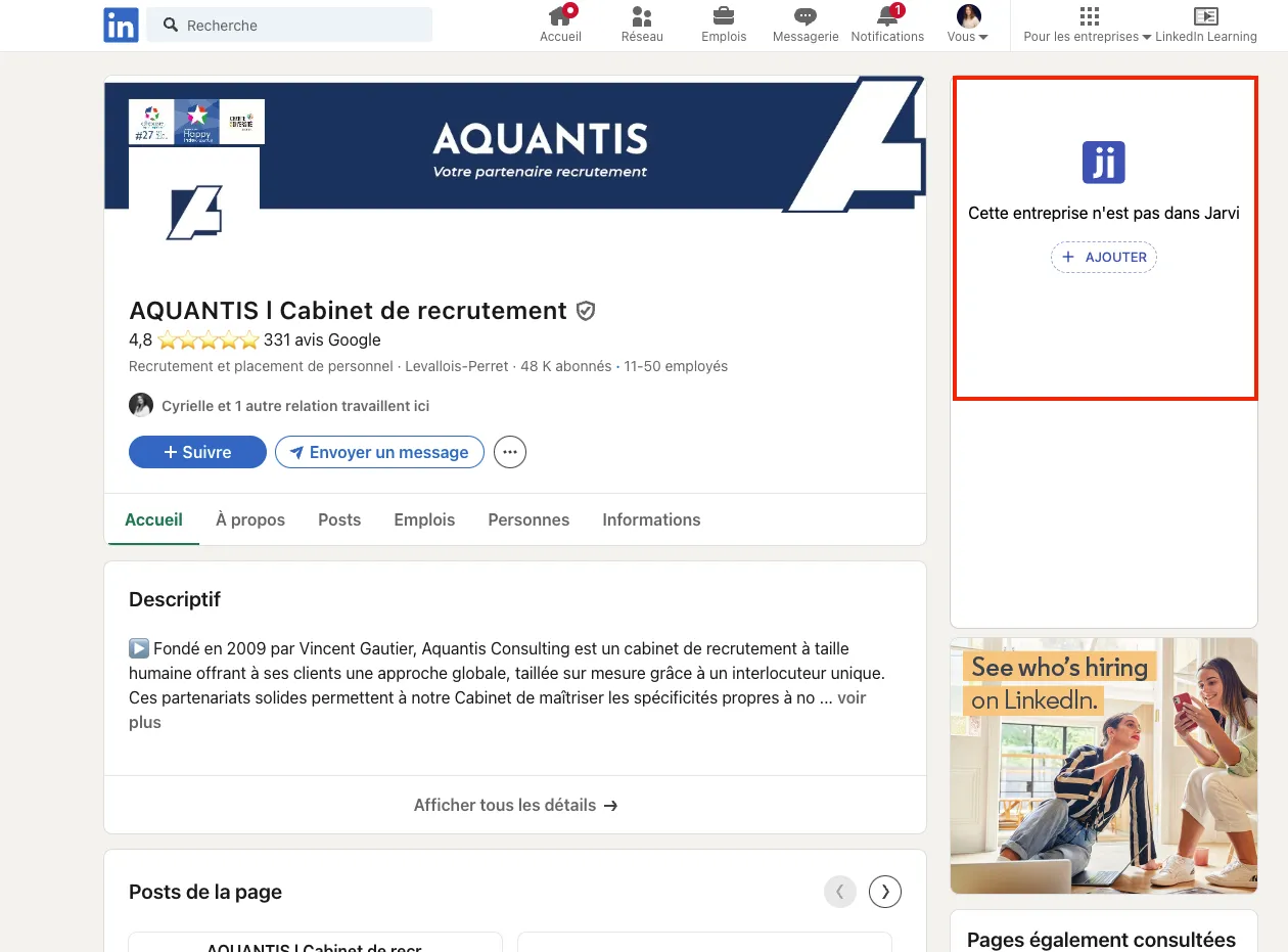 Extension Jarvi visible sur la page entreprise LinkedIn