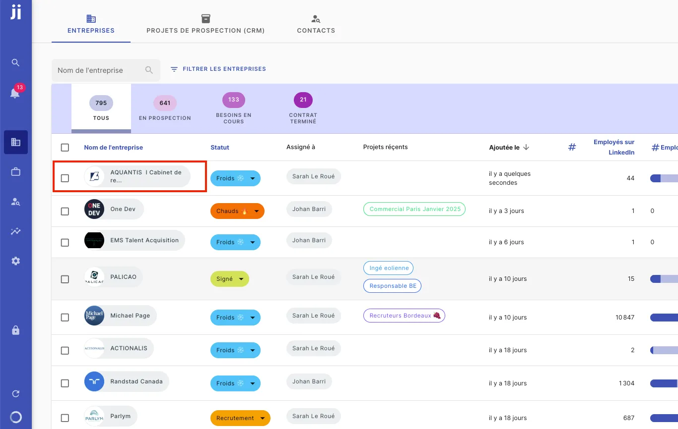 Recherche d’une entreprise récemment ajoutée dans Jarvi