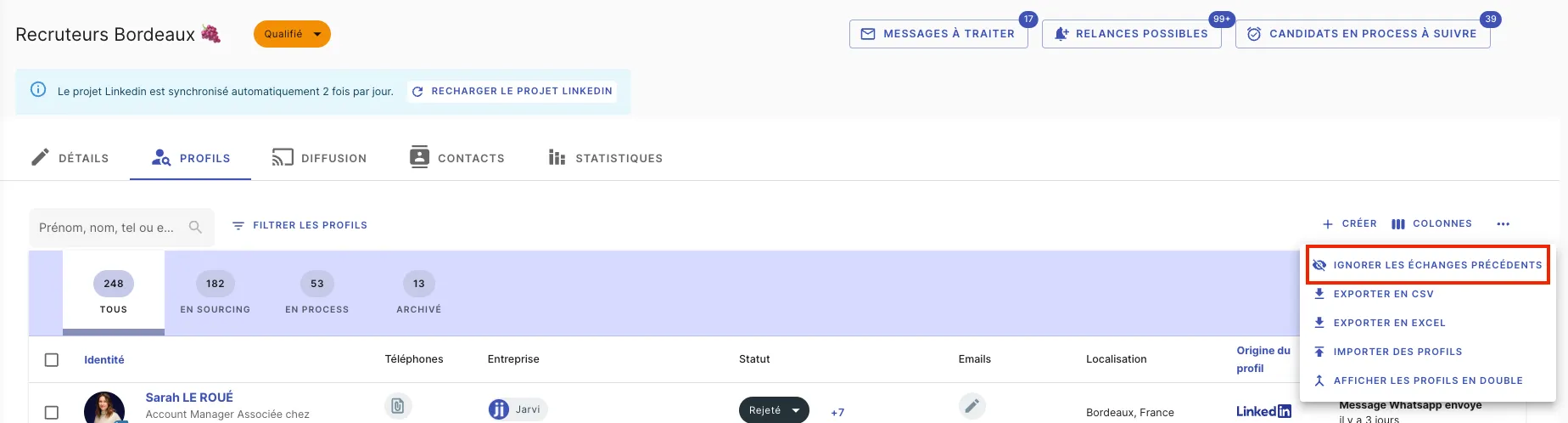 Option Ignorer les échanges précédents accessible via les paramètres d’un projet dans Jarvi