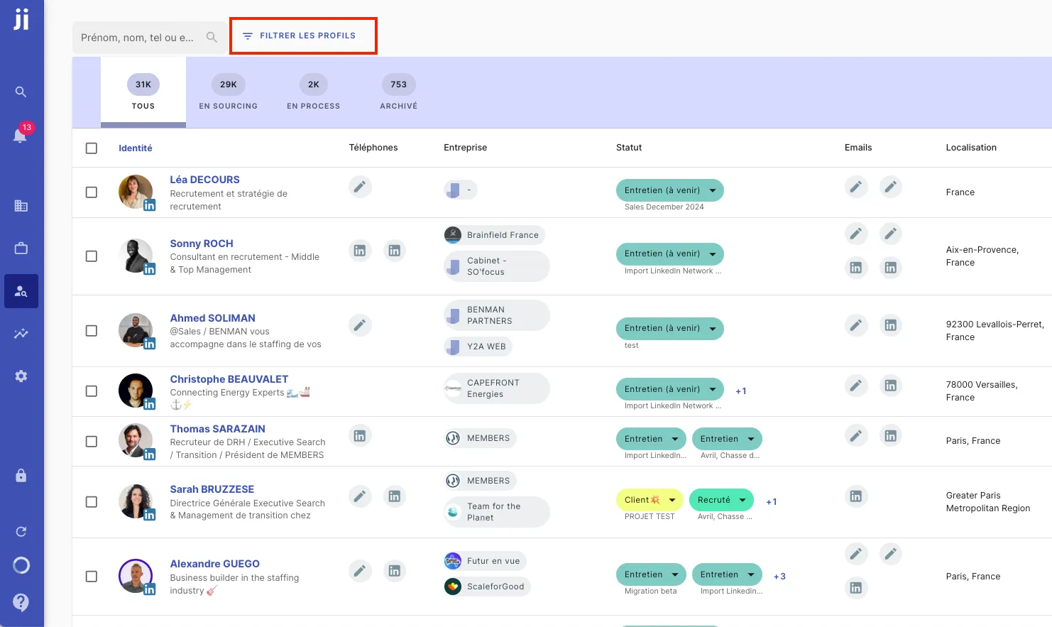 Accéder aux filtres depuis l’onglet Talents ou un projet dans Jarvi