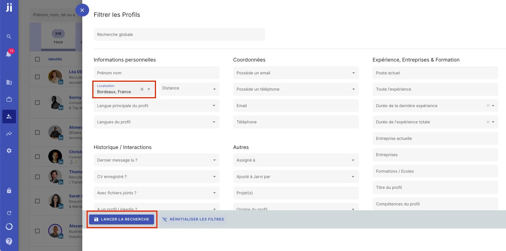 Filtrer les profils par localisation et périmètre dans Jarvi