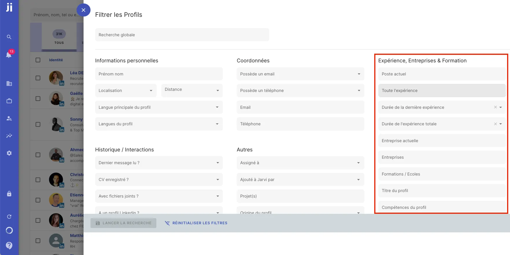 Accéder à la recherche globale et aux filtres avancés depuis l’onglet Talents dans Jarvi
