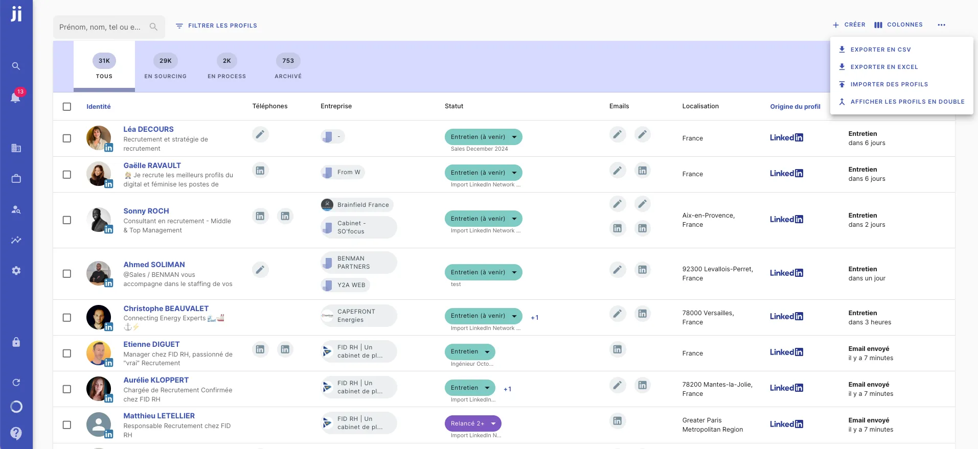 Accéder à l’option Importer des profils via le menu de droite dans Jarvi