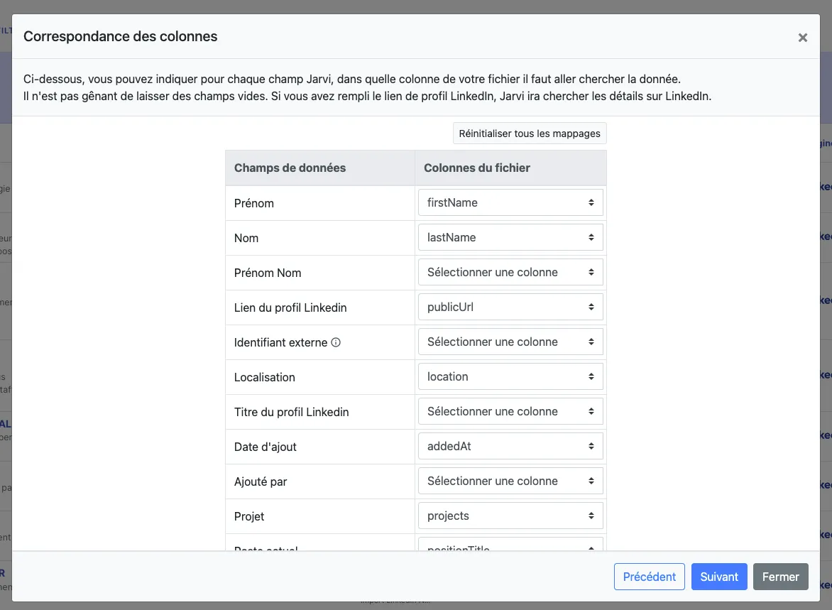 Faire correspondre les colonnes du fichier avec les champs personnalisés dans Jarvi