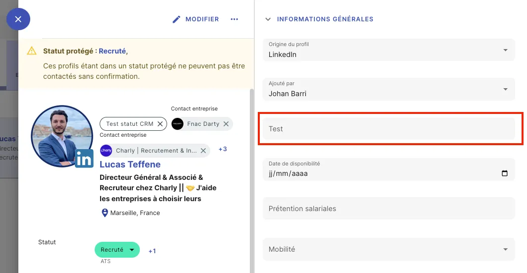 Organiser les champs personnalisés dans les fiches talents ou entreprises dans Jarvi