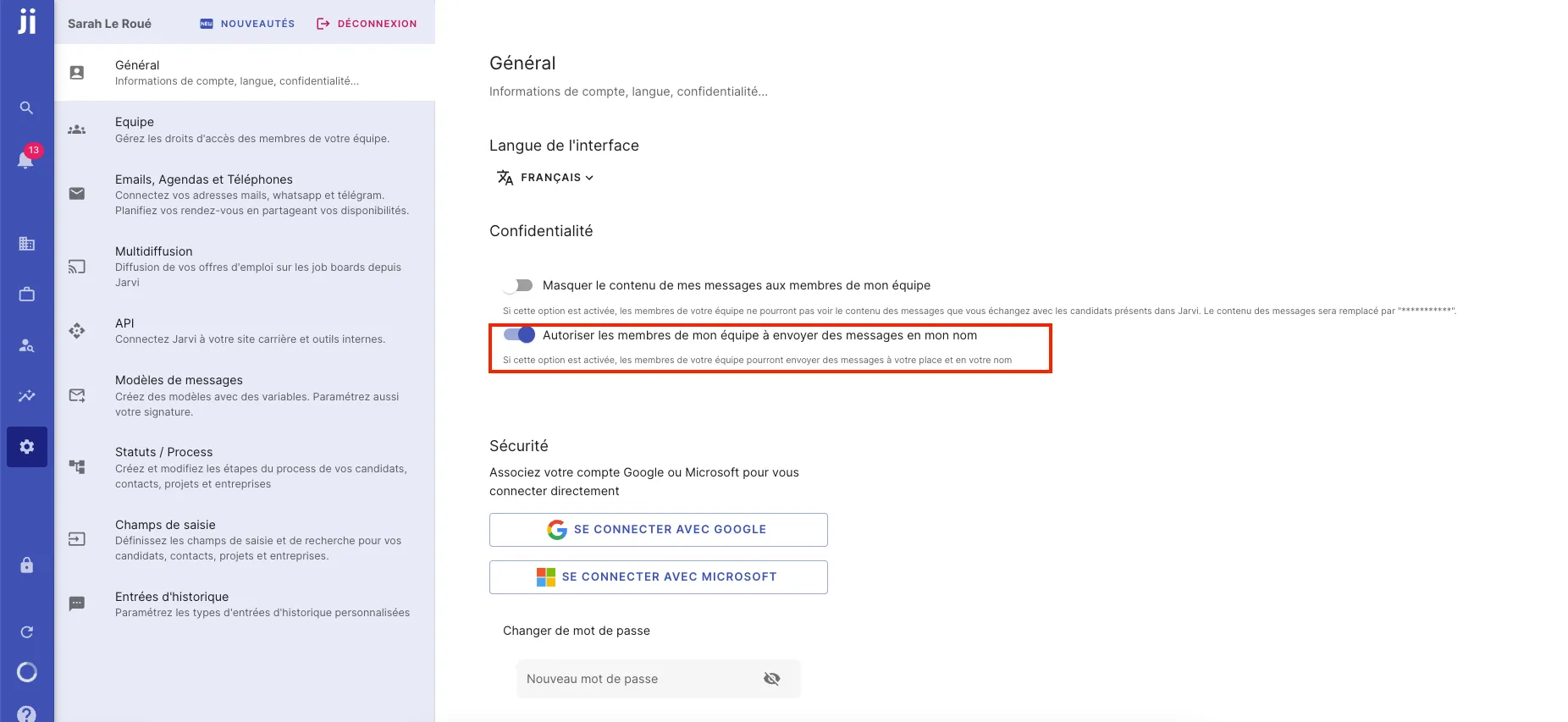 Activer l’option pour autoriser l’envoi de messages au nom d’un collègue dans les préférences Jarvi