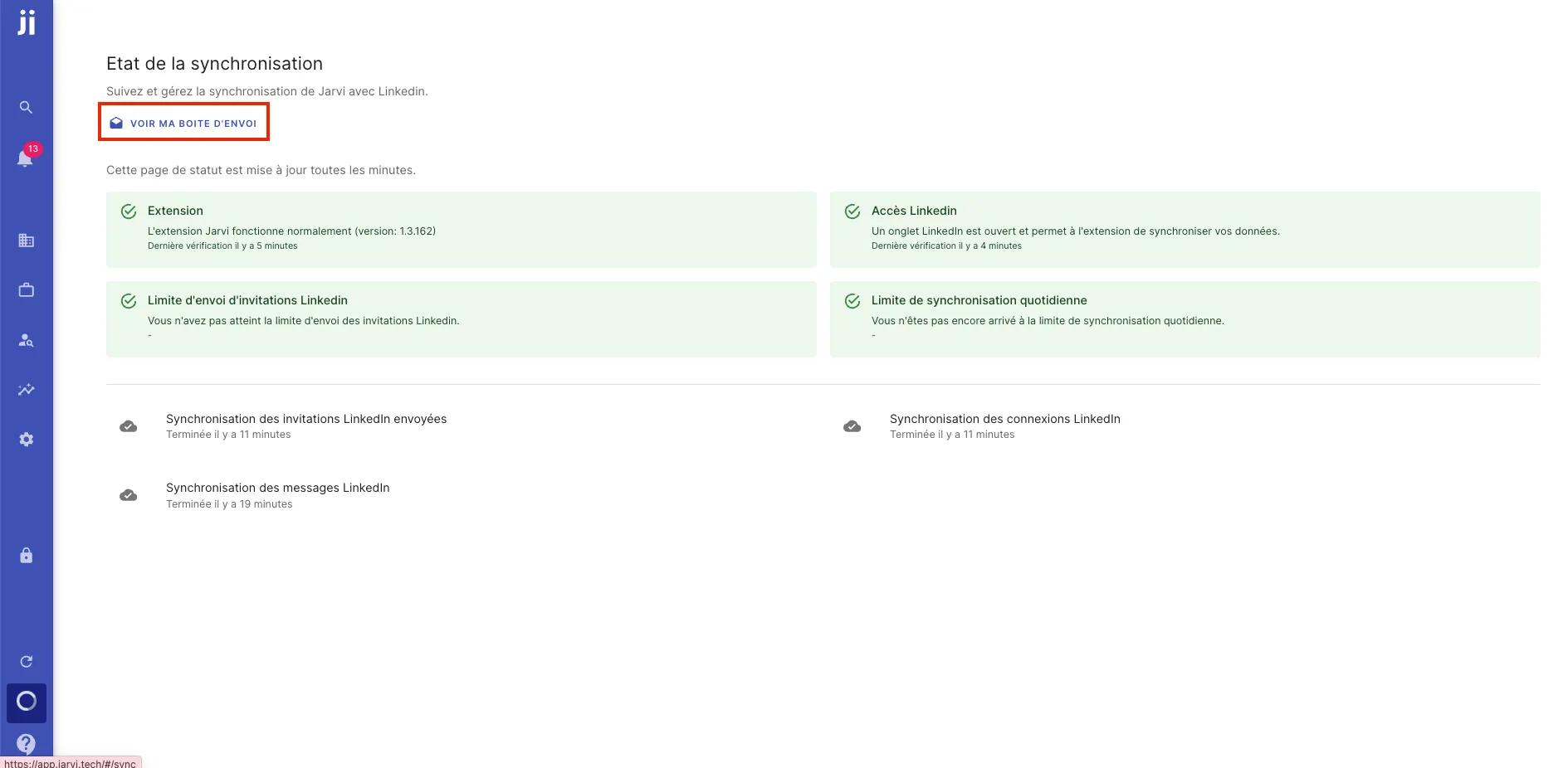 Accéder à la boîte d’envoi via l’icône de synchronisation dans Jarvi