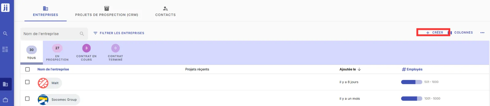 Formulaire de création manuelle d’une entreprise dans Jarvi