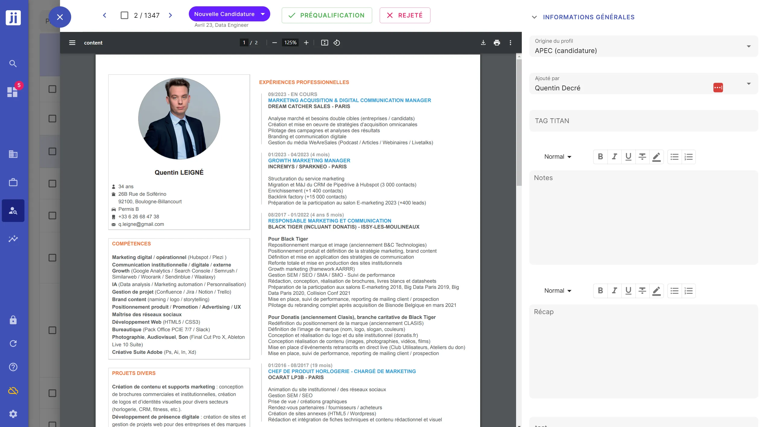 Consulter une candidature en détail avec CV, notes et boutons d’action rapide dans Jarvi
