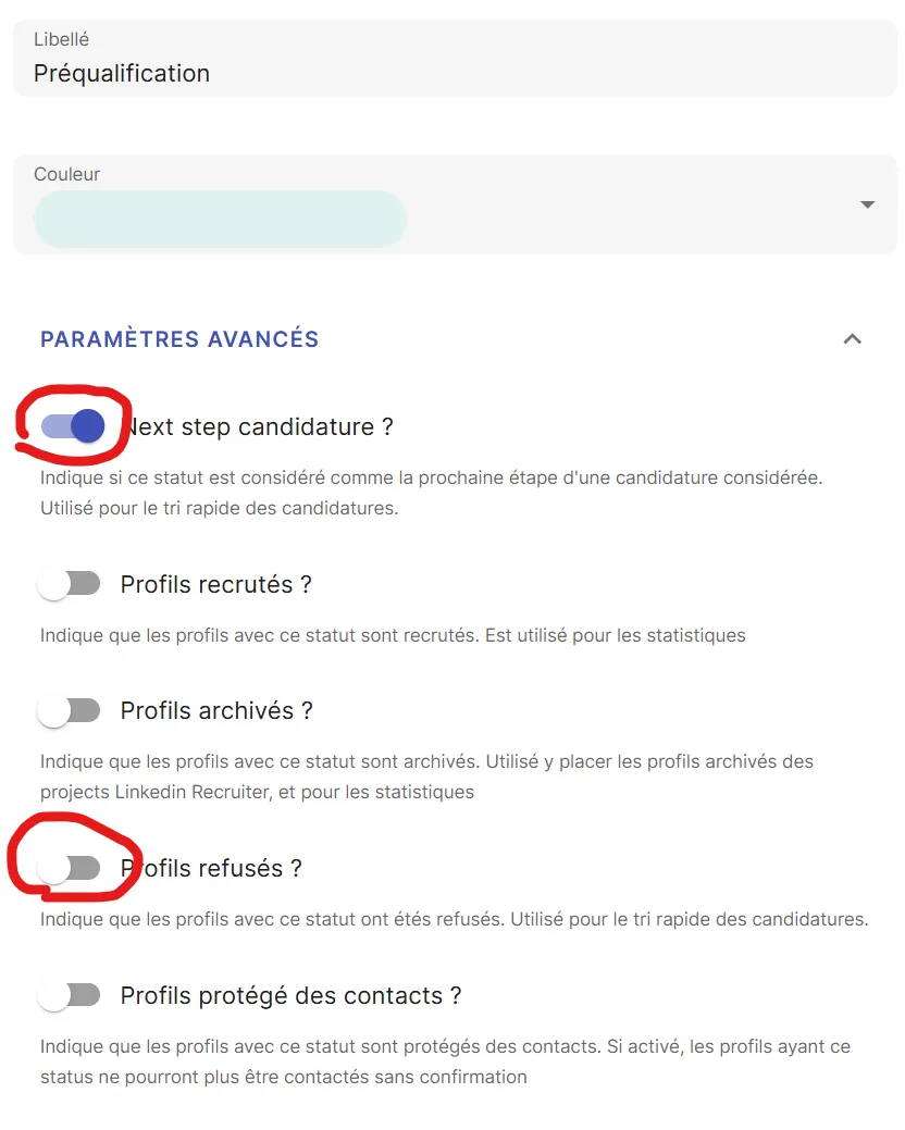 Modifier les boutons Préqualification et Rejeter dans les préférences des statuts Jarvi