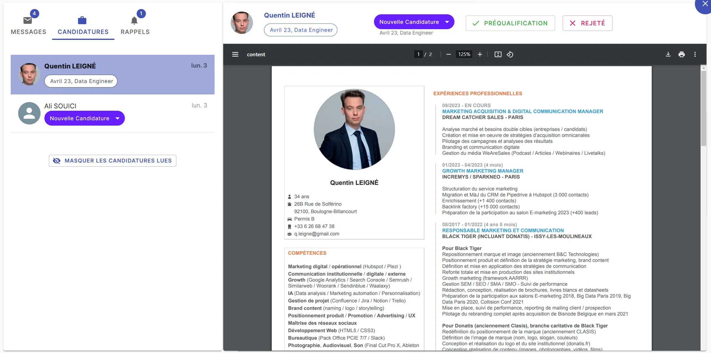 Accéder au traitement rapide des candidatures depuis le dashboard Jarvi