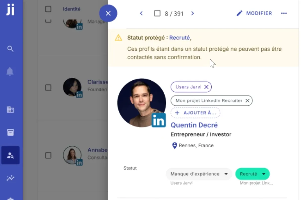 Accéder à la fonctionnalité de protection des profils ou entreprises dans Jarvi