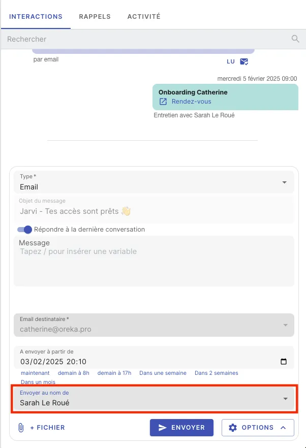Choisir le membre de l’équipe au nom de qui envoyer un message depuis un profil Jarvi
