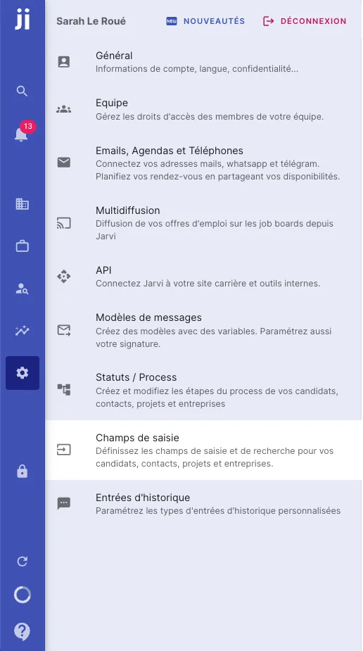Accéder à la section Champs de saisie dans les préférences Jarvi