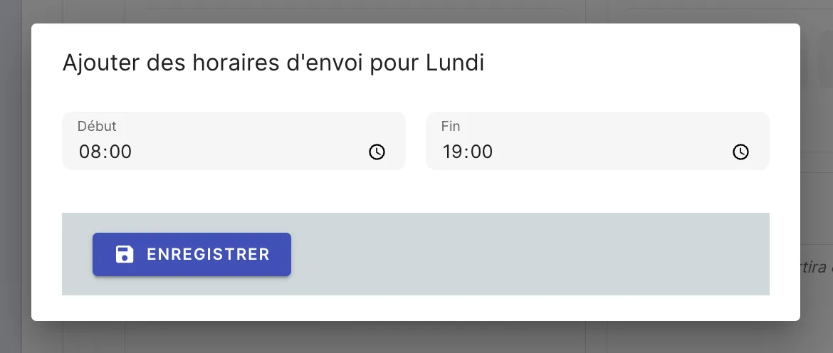 Préférences Jarvi - modal sélectionner les horaires d'envoi des messages