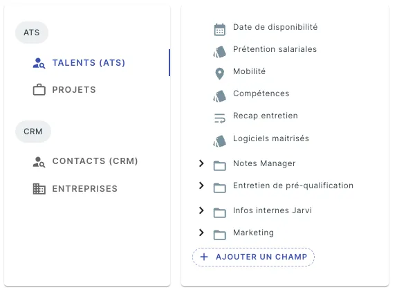 Sélectionner la catégorie de champs à personnaliser dans Jarvi : talents, entreprises ou projets