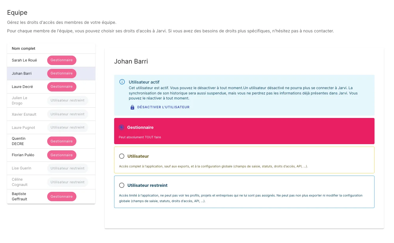 Désactiver un utilisateur depuis l’interface de gestion de l’équipe dans Jarvi
