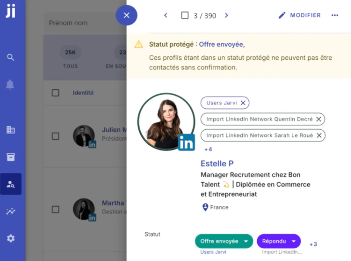 Changer le statut d’un profil pour le protéger des envois dans Jarvi