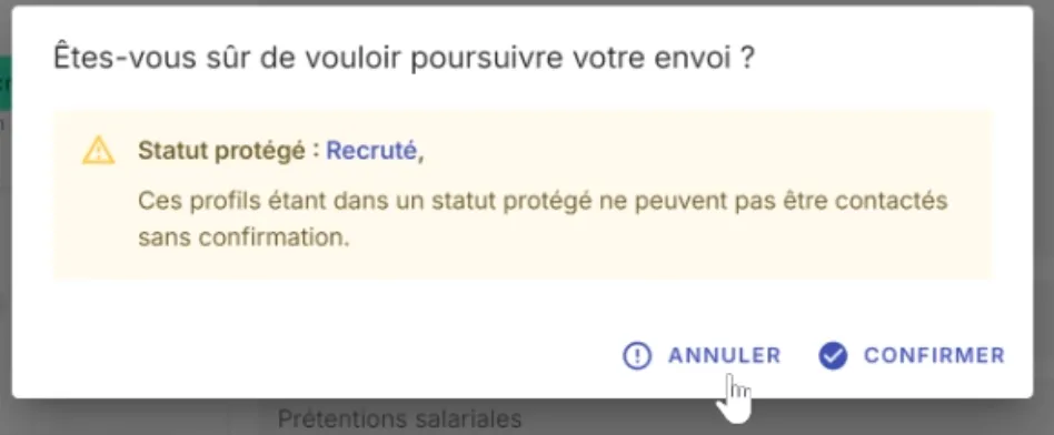 Alerte de confirmation avant d’envoyer un message à un profil protégé dans Jarvi