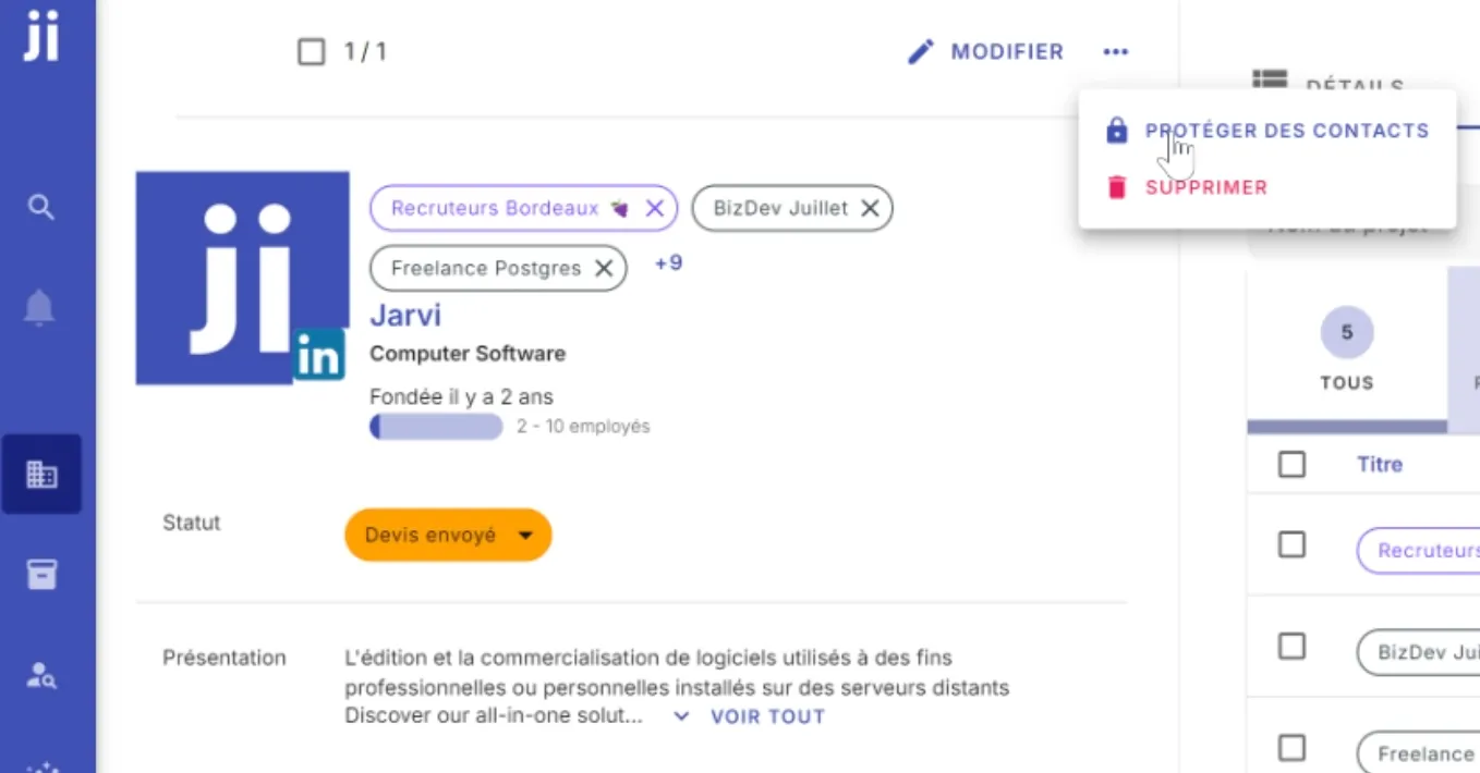 Activer la protection d’une entreprise entière contre les contacts dans le CRM Jarvi