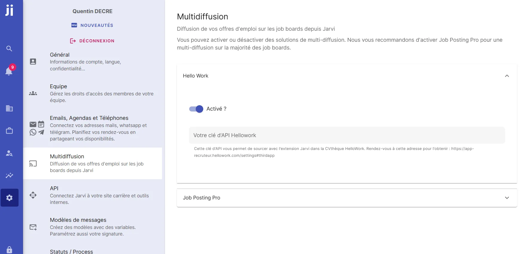Préférences Jarvi - activer HelloWork