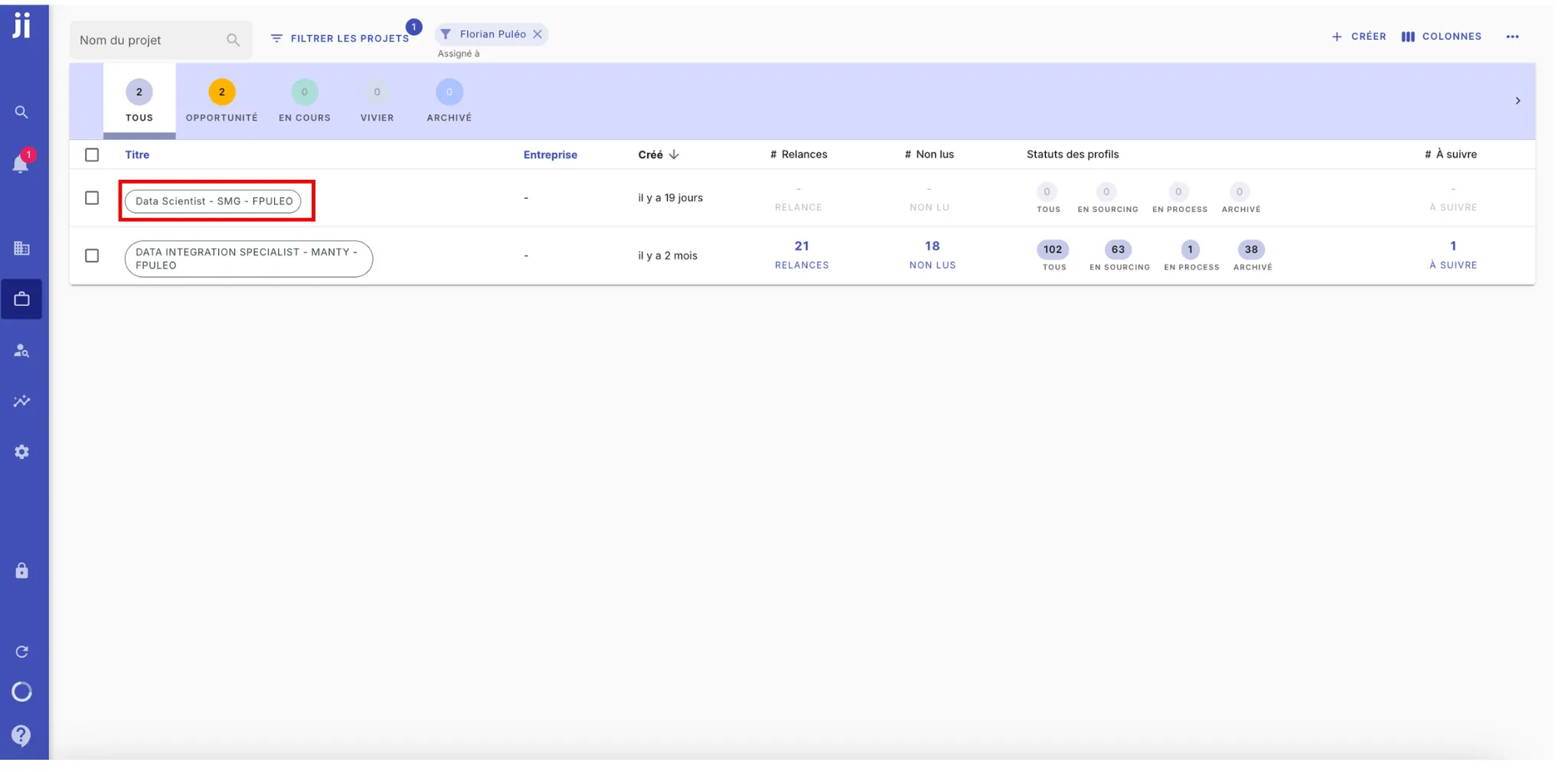 Projet LinkedIn Recruiter importé automatiquement avec un nom générique dans Jarvi