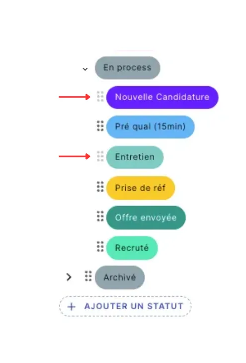 Visualiser les statuts automatiques comme Nouvelle candidature et Entretien dans Jarvi