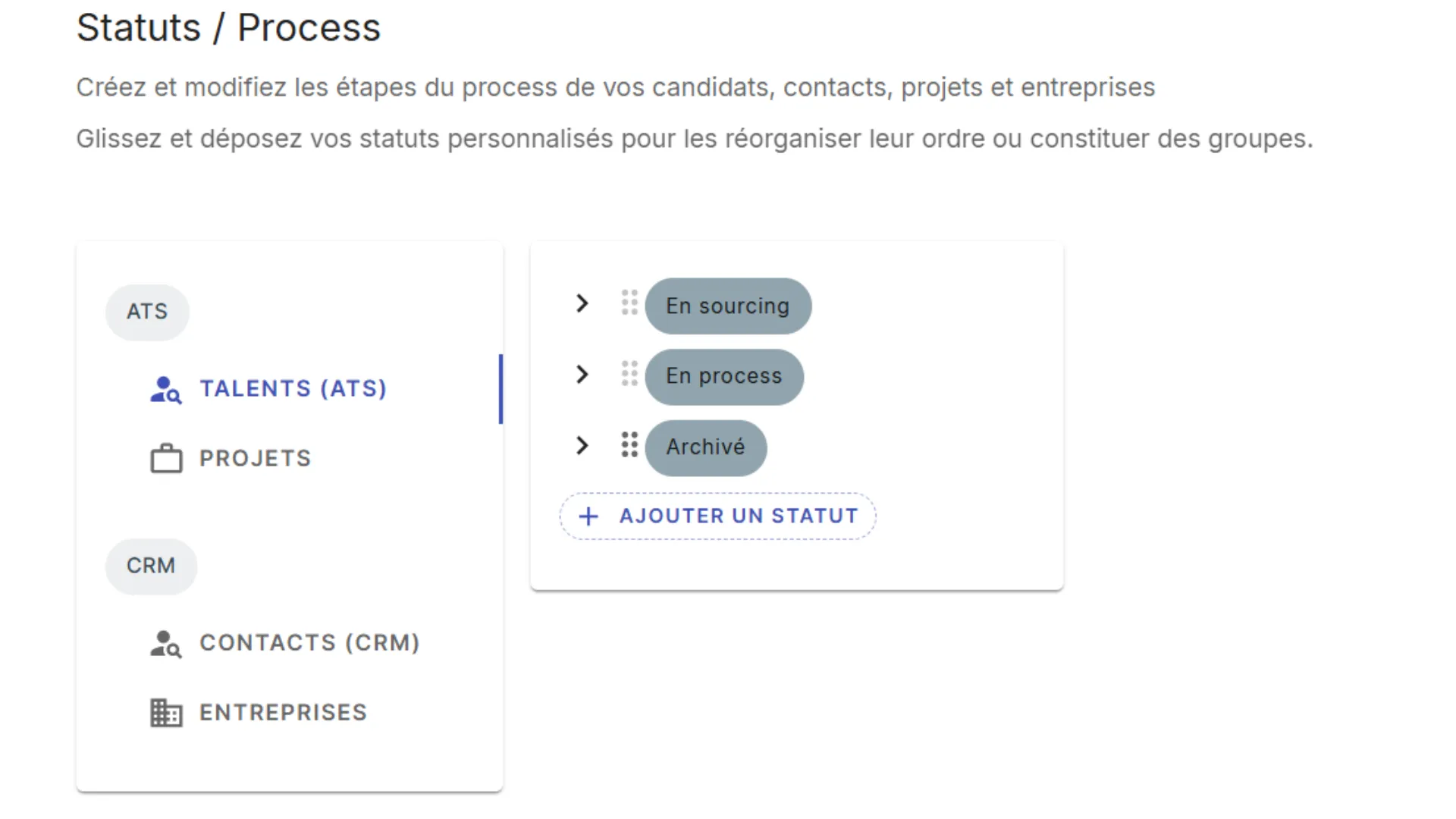 Sélectionner la section Talents pour personnaliser les statuts dans l'ATS Jarvi