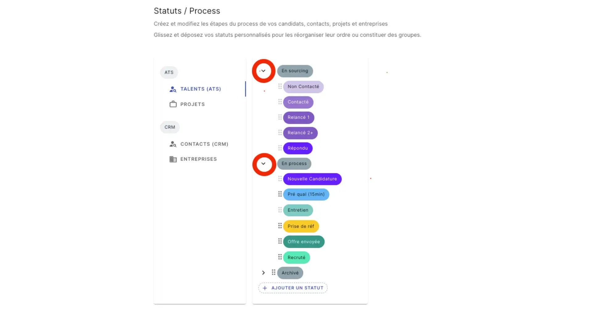 Afficher les étapes d'un processus de recrutement dans la section En sourcing de Jarvi