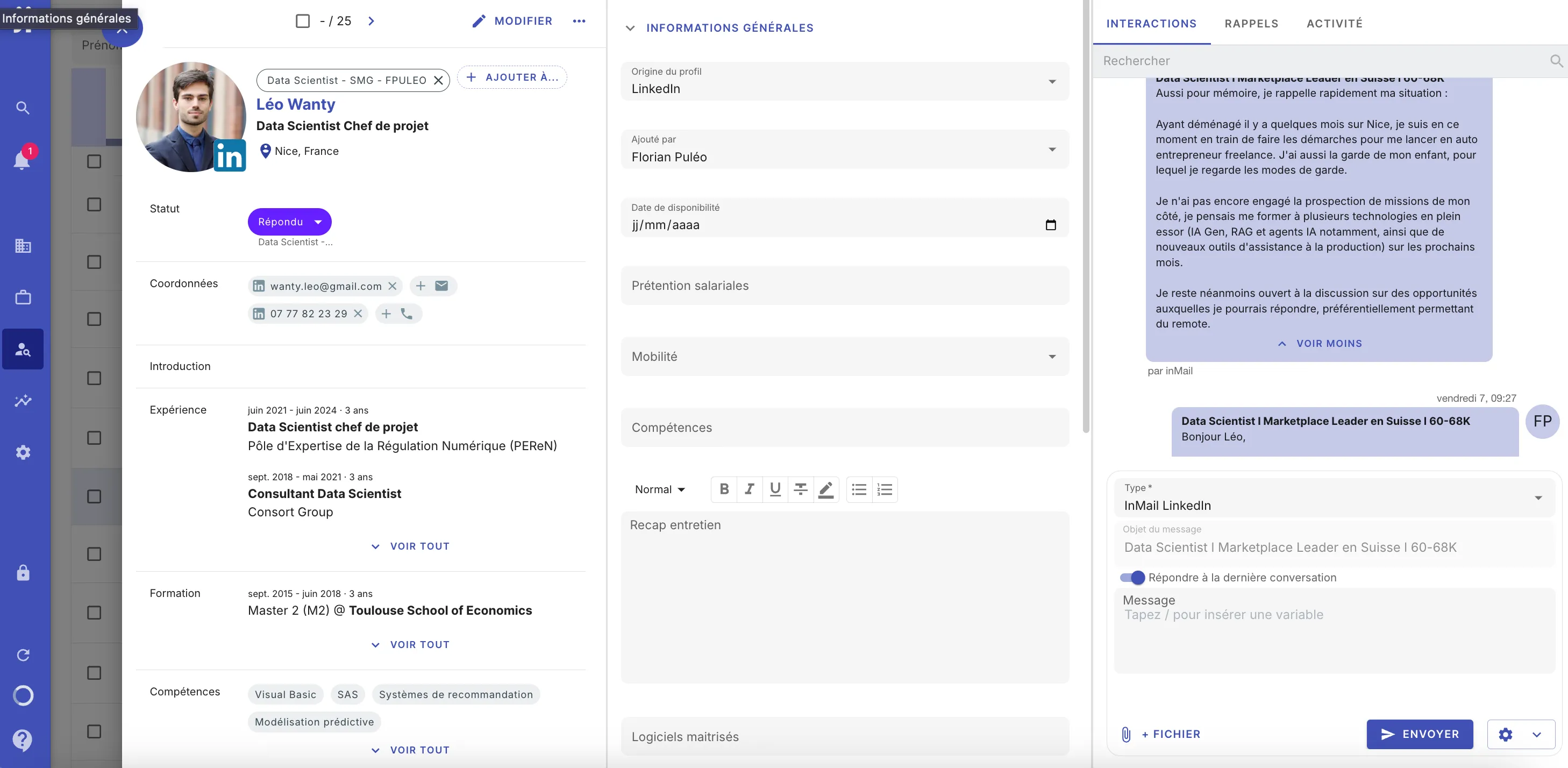 Fiche complète d’un candidat avec informations, interactions et rappels dans Jarvi