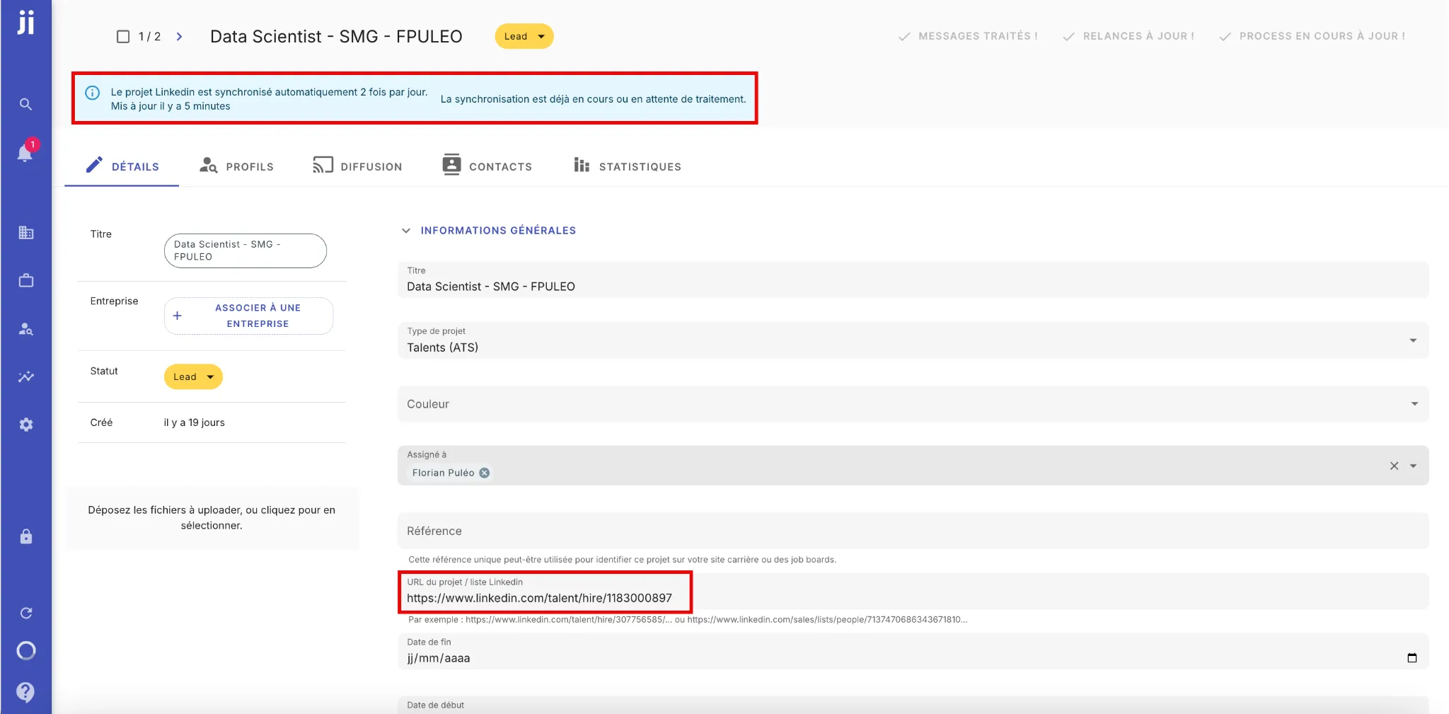 Synchroniser manuellement un projet LinkedIn Recruiter dans Jarvi à partir d’une URL